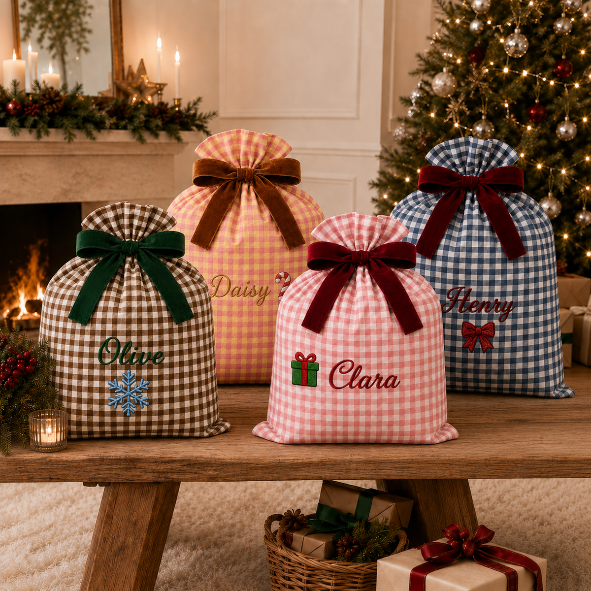 Personalized Embroidered Christmas Sack | Custom Name & Festive Icon Gingham Gift Bag in Pink, Blue & Brown