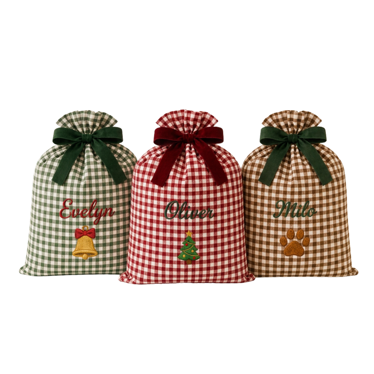 Custom Name & Christmas Icon Embroidered Gift Sack | Bell, Tree & Paw Print Gingham Bag with Velvet Bow