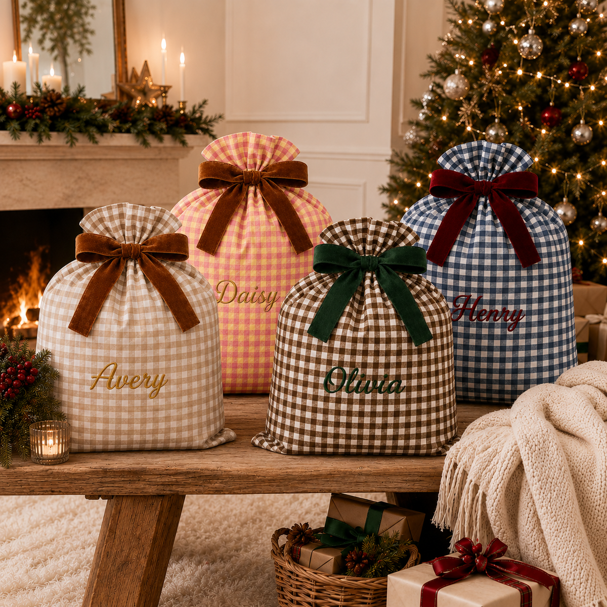 Personalized Embroidered Christmas Sack | Custom Name Gingham Gift Bag in Beige, Pink, Brown & Blue