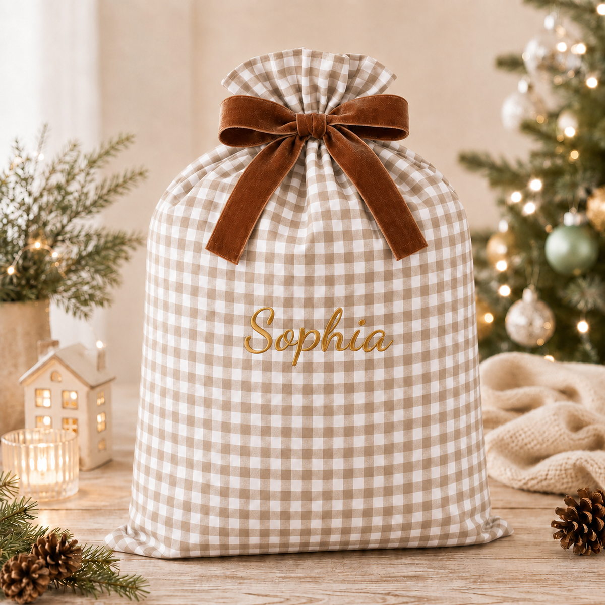 Personalized Embroidered Christmas Sack | Custom Name Gingham Gift Bag in Beige, Pink, Brown & Blue
