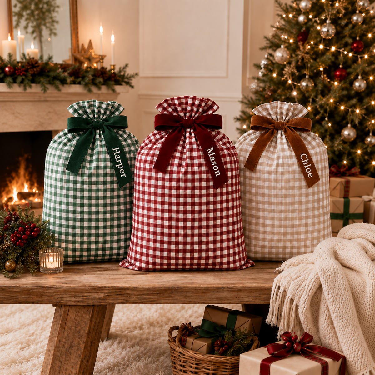 Custom Printed Christmas Sack | Personalized Name on Velvet Bow Gingham Gift Bag