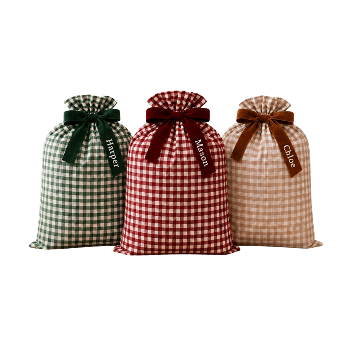 Custom Printed Christmas Sack | Personalized Name on Velvet Bow Gingham Gift Bag