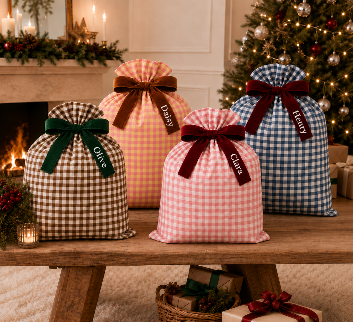 Personalized Printed Name Christmas Gift Sack | Custom Name Bow Gingham Bag in Brown, Pink & Blue