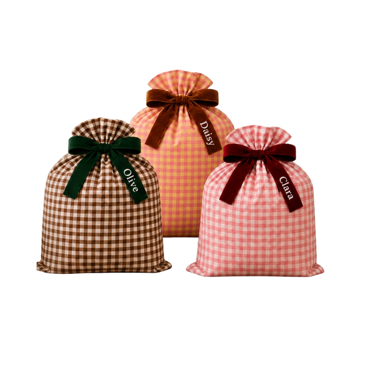 Personalized Printed Name Christmas Gift Sack | Custom Name Bow Gingham Bag in Brown, Pink & Blue