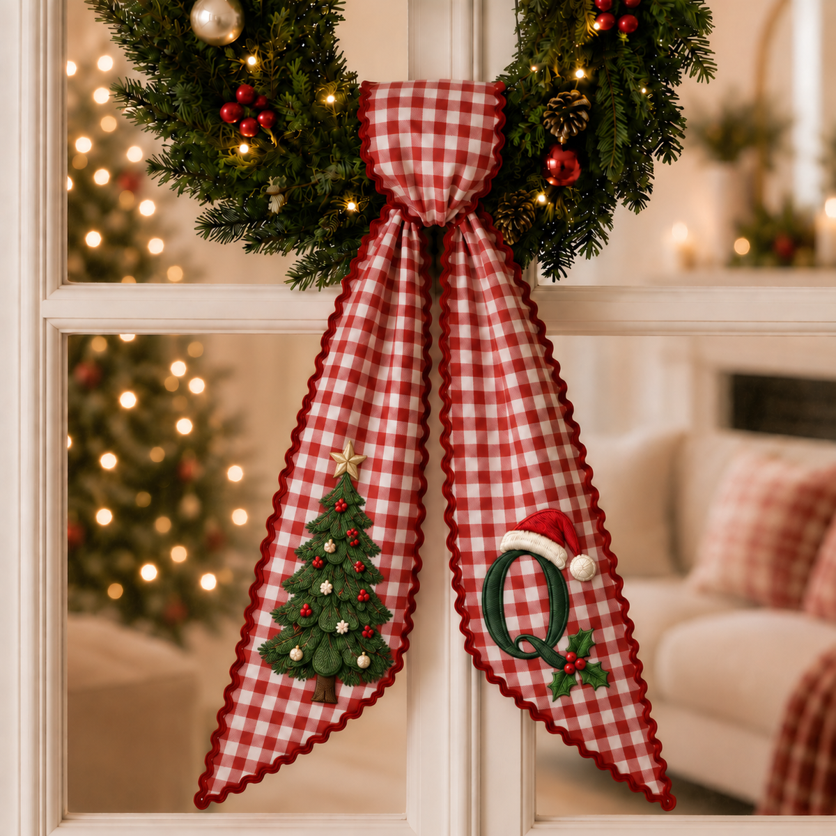 Personalized Christmas Wreath Sash | Custom Embroidered Red Gingham Wreath Bow with Christmas Tree & Initial