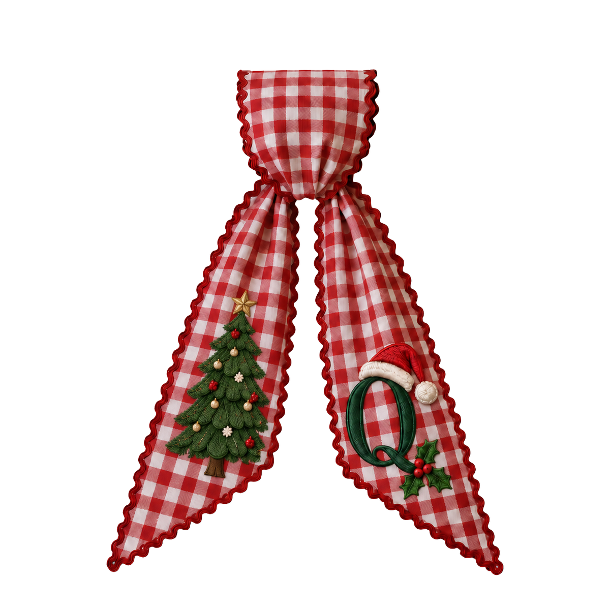 Personalized Christmas Wreath Sash | Custom Embroidered Red Gingham Wreath Bow with Christmas Tree & Initial