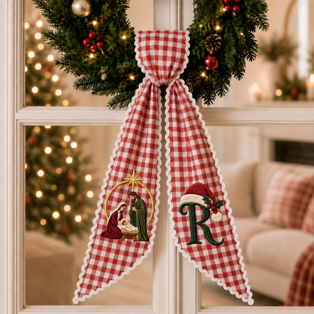 Personalized Nativity Christmas Wreath Sash | Custom Embroidered Red Gingham Wreath Bow with Initial
