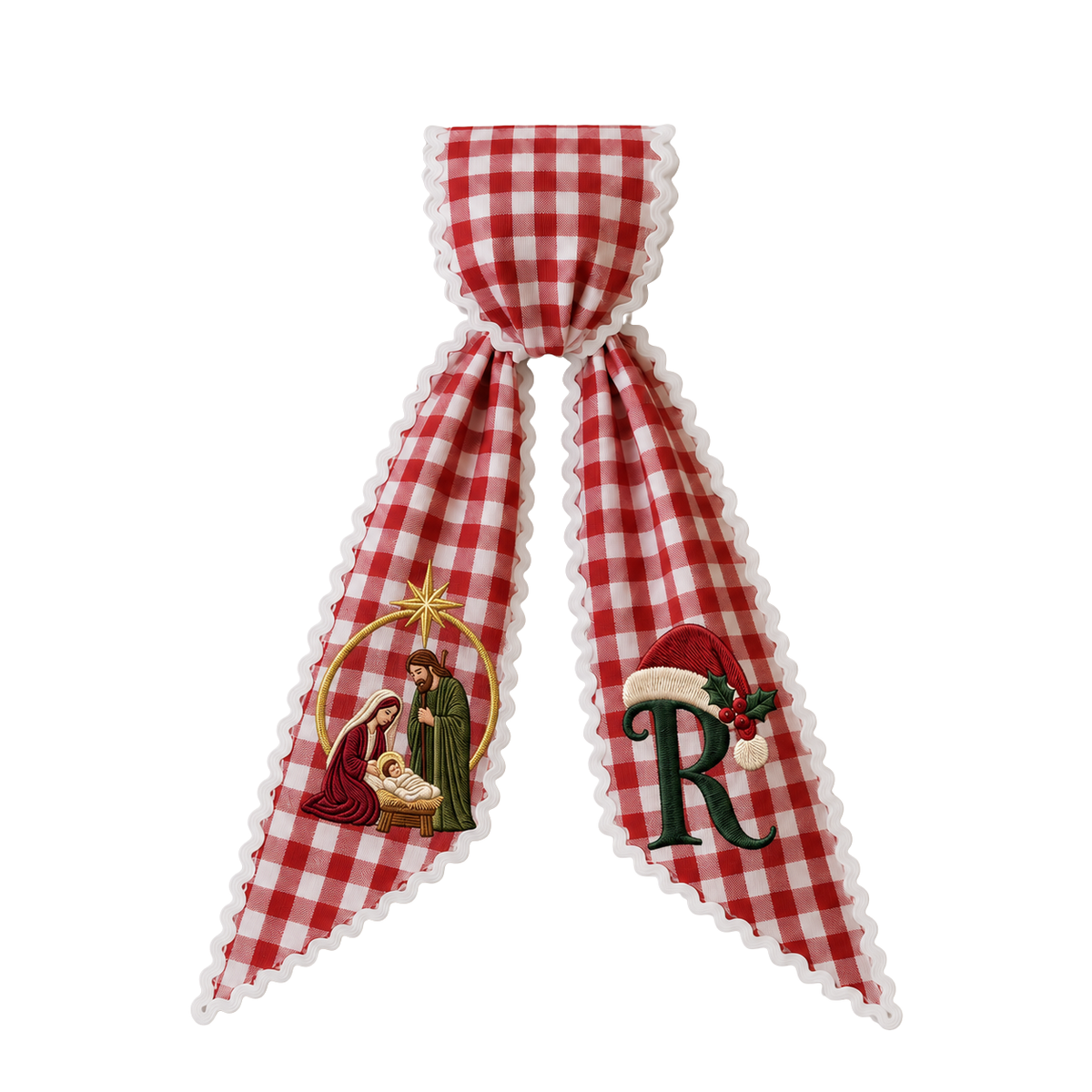 Personalized Nativity Christmas Wreath Sash | Custom Embroidered Red Gingham Wreath Bow with Initial