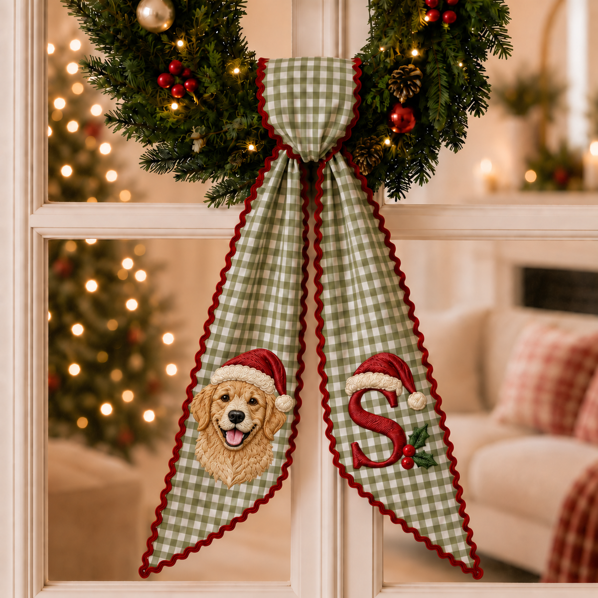 Personalized Santa Hat Dog Christmas Wreath Sash | Custom Embroidered Green Gingham Wreath Bow with Initial