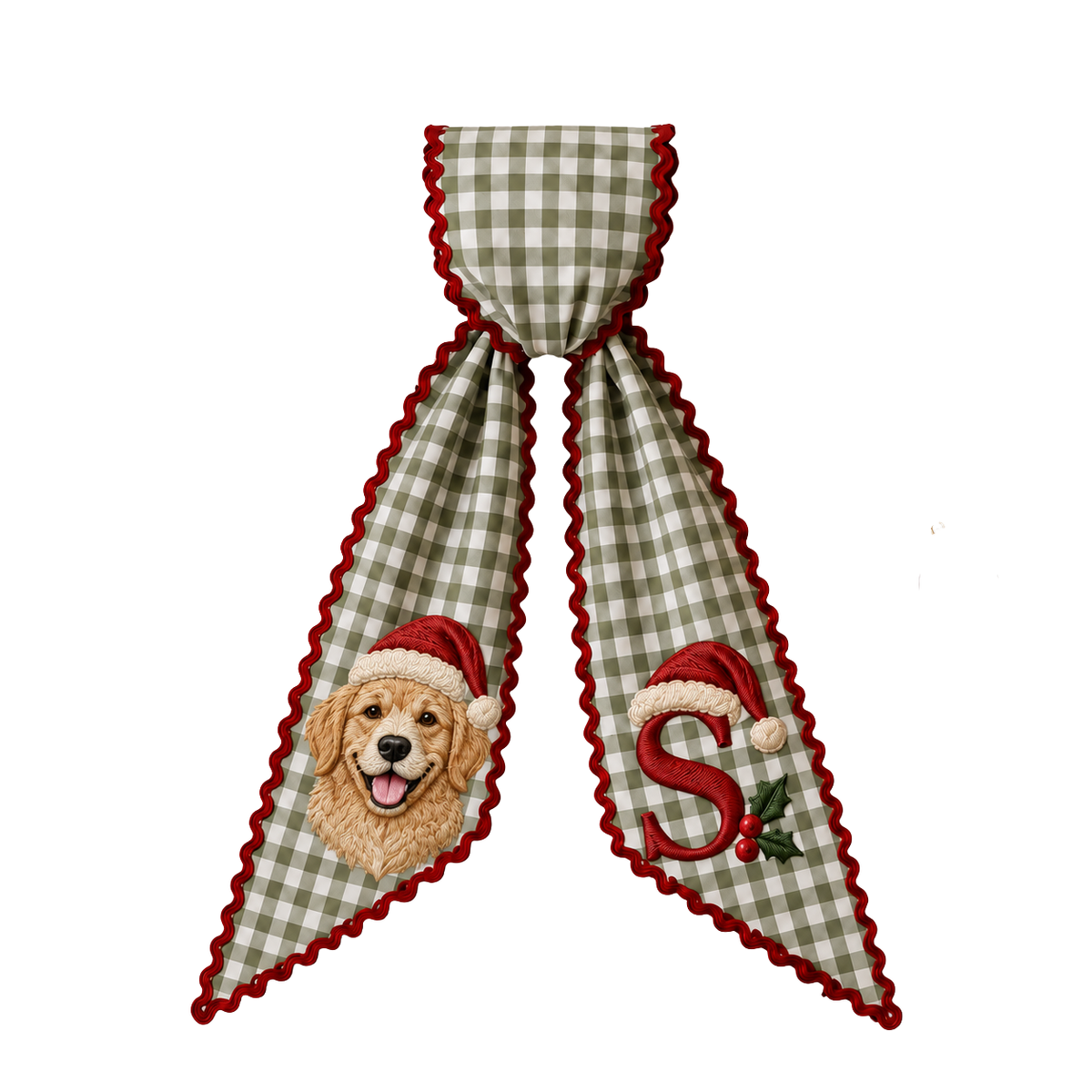 Personalized Santa Hat Dog Christmas Wreath Sash | Custom Embroidered Green Gingham Wreath Bow with Initial