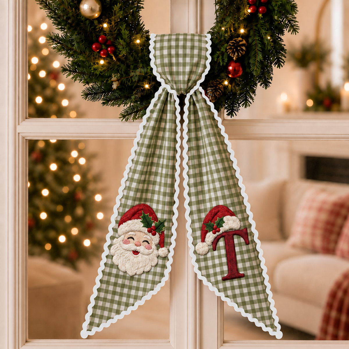 Personalized Santa Face Christmas Wreath Sash | Custom Embroidered Green Gingham Wreath Bow with Initial