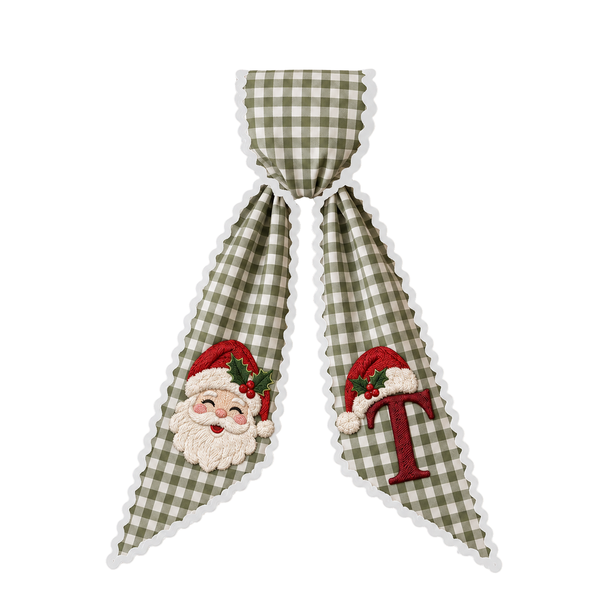Personalized Santa Face Christmas Wreath Sash | Custom Embroidered Green Gingham Wreath Bow with Initial