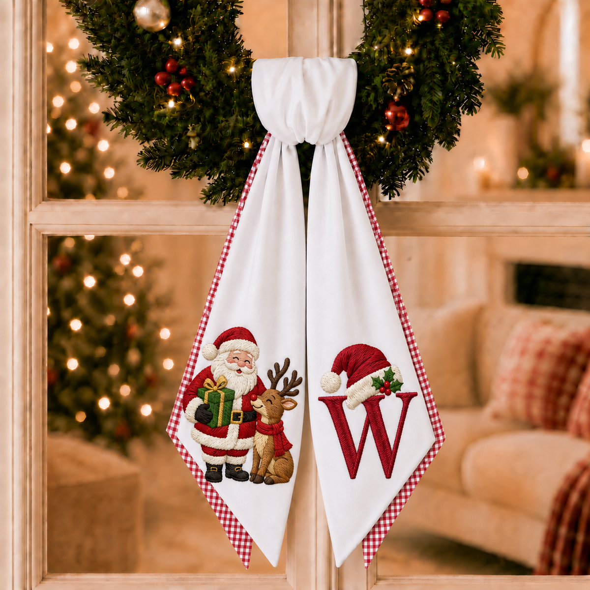 Personalized 2-Layer Christmas Wreath Sash | Custom Embroidered Santa & Reindeer Wreath Bow with Red Gingham Edge