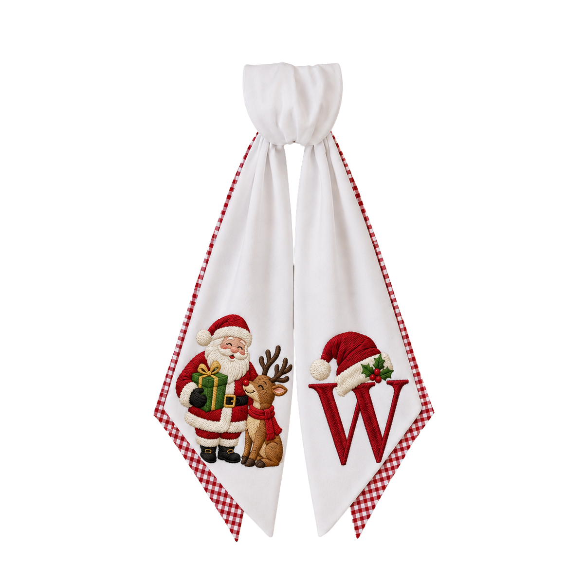 Personalized 2-Layer Christmas Wreath Sash | Custom Embroidered Santa & Reindeer Wreath Bow with Red Gingham Edge