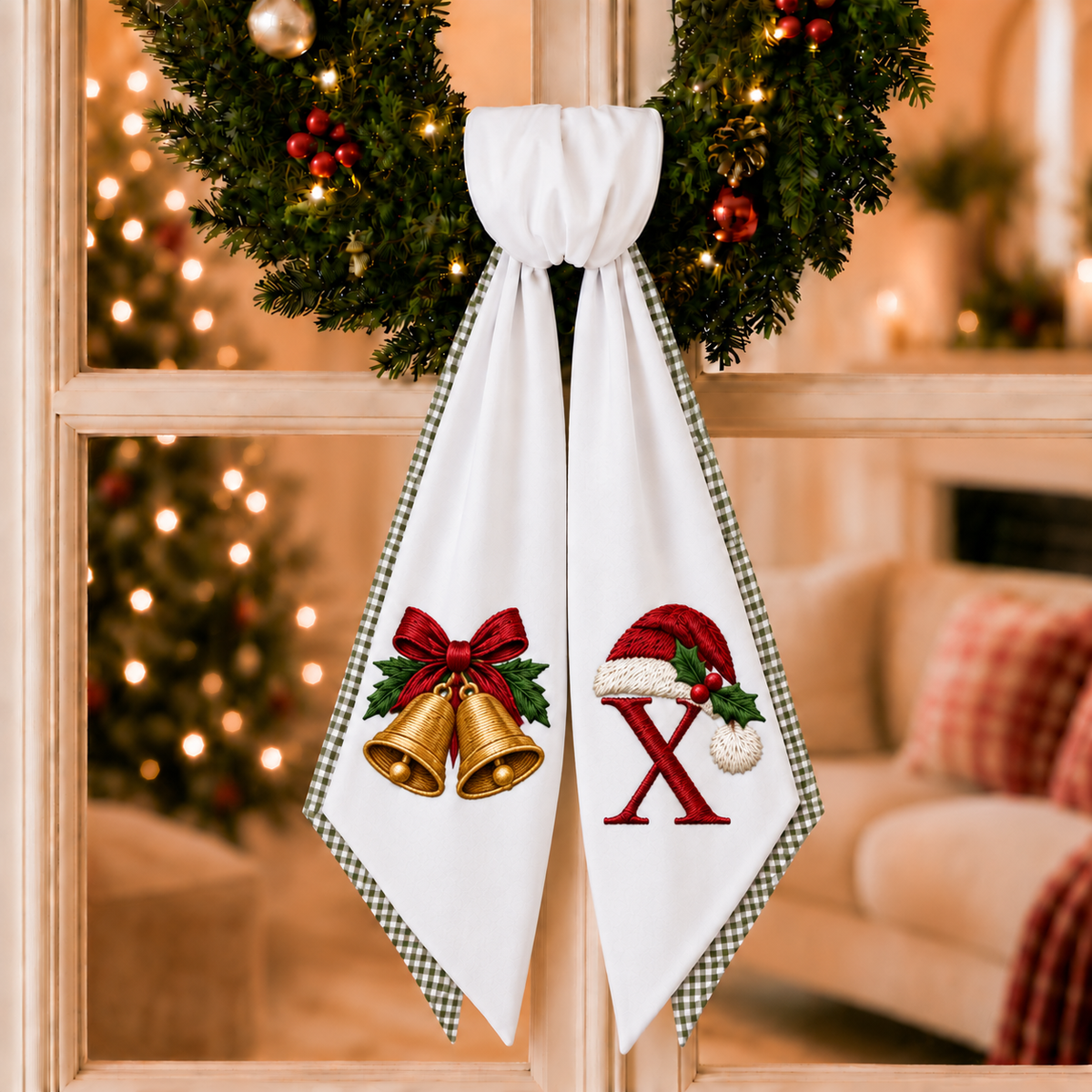 Personalized 2-Layer Christmas Wreath Sash | Custom Embroidered Christmas Bells Wreath Bow with Green Gingham Edge