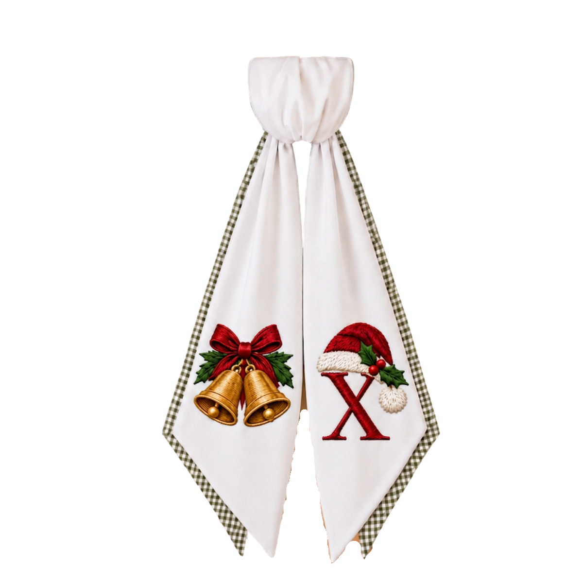Personalized 2-Layer Christmas Wreath Sash | Custom Embroidered Christmas Bells Wreath Bow with Green Gingham Edge