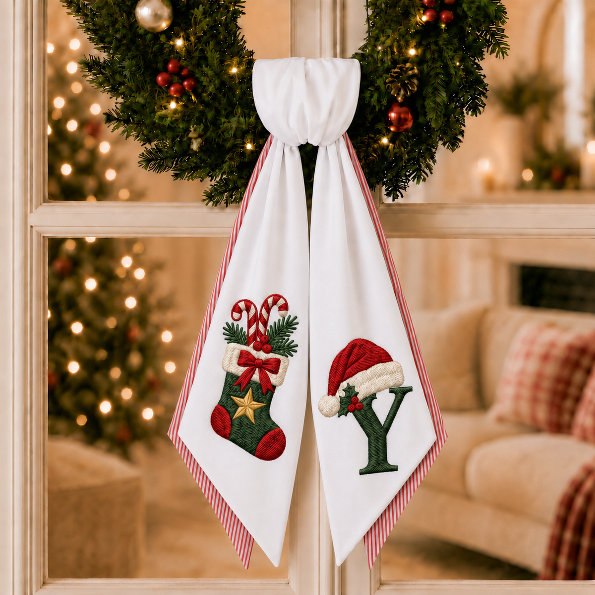 Personalized 2-Layer Christmas Wreath Sash | Custom Embroidered Christmas Stocking Design Wreath Bow with Red Stripe Edge