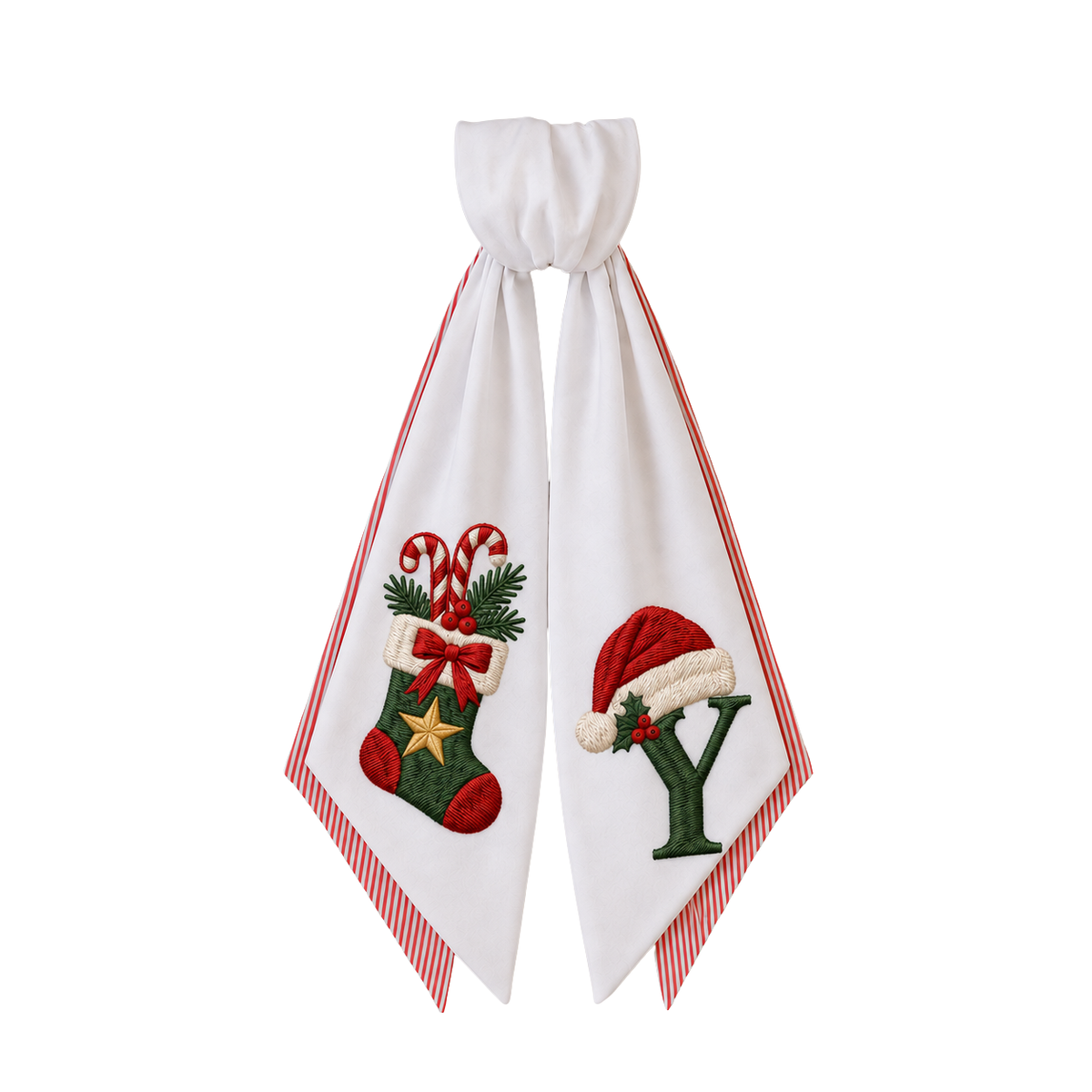 Personalized 2-Layer Christmas Wreath Sash | Custom Embroidered Christmas Stocking Design Wreath Bow with Red Stripe Edge