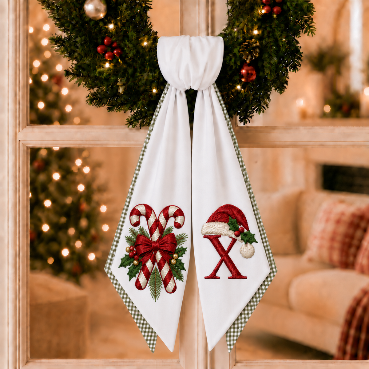 Personalized 2-Layer Christmas Wreath Sash | Custom Embroidered Candy Cane Wreath Bow with Green Gingham Edge