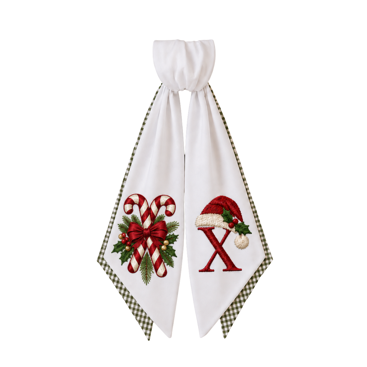 Personalized 2-Layer Christmas Wreath Sash | Custom Embroidered Candy Cane Wreath Bow with Green Gingham Edge
