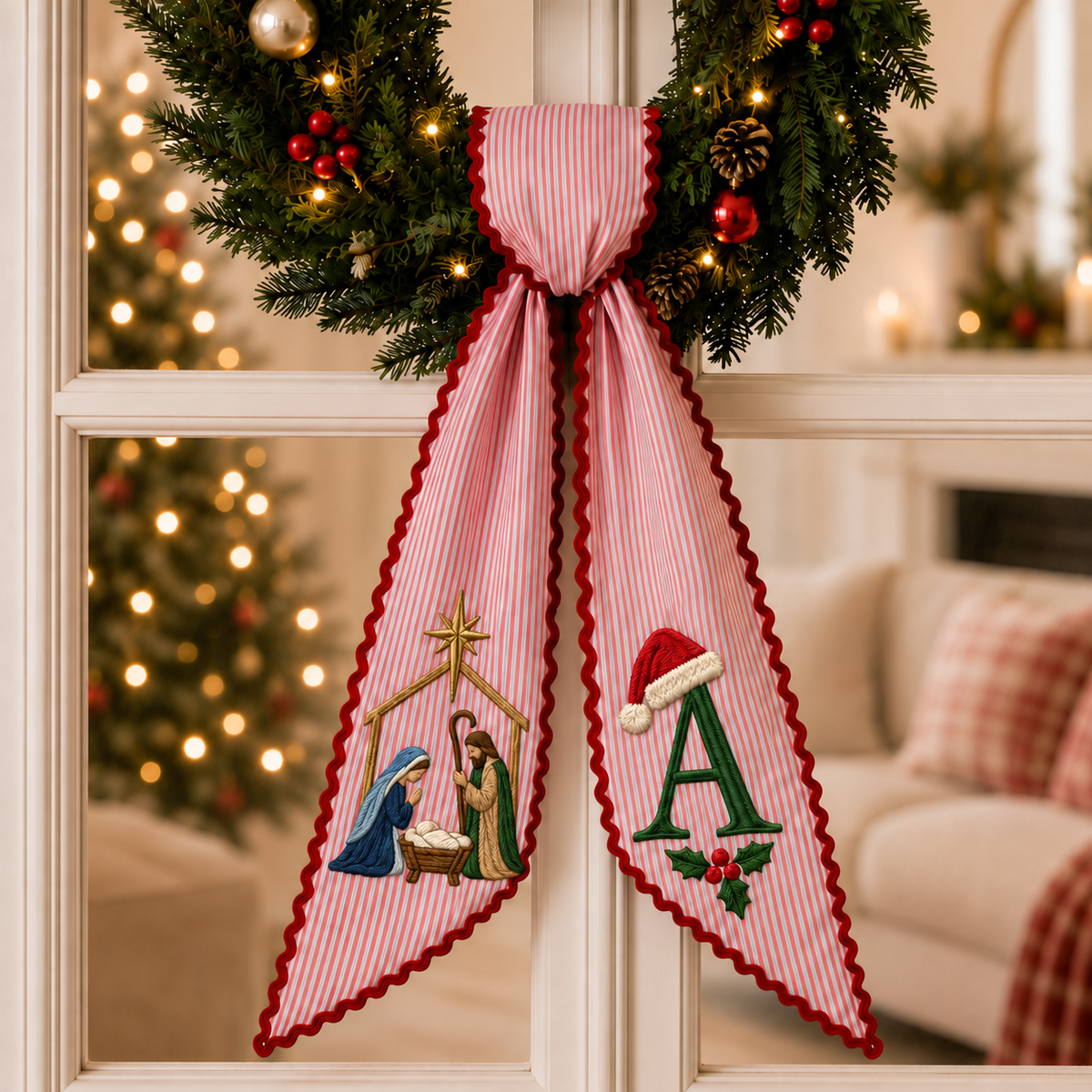 Custom Nativity Christmas Wreath Sash | Personalized Embroidered Red Stripe Wreath Bow with Initial