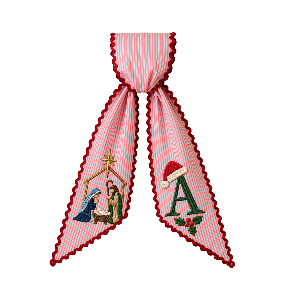 Custom Nativity Christmas Wreath Sash | Personalized Embroidered Red Stripe Wreath Bow with Initial