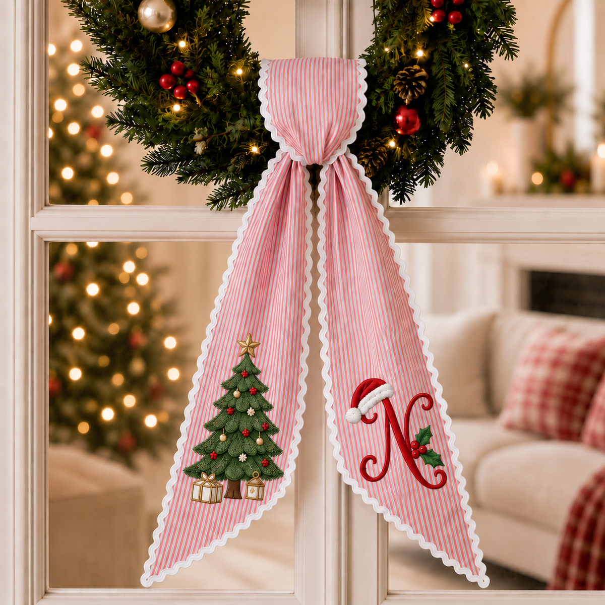 Custom Christmas Tree Wreath Sash | Personalized Embroidered Red Stripe Wreath Bow with Initial