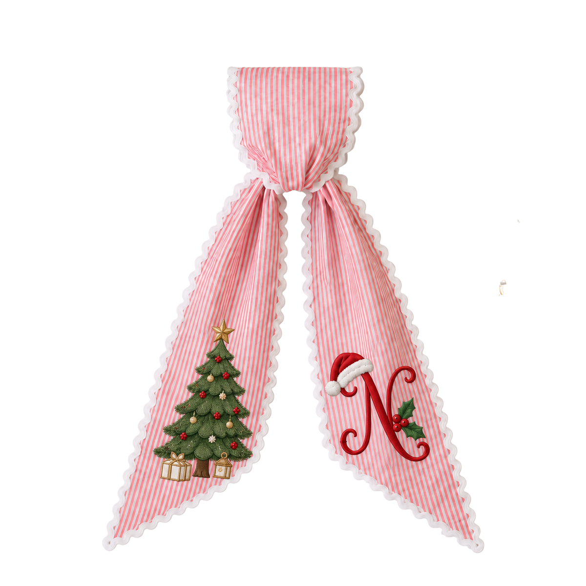 Custom Christmas Tree Wreath Sash | Personalized Embroidered Red Stripe Wreath Bow with Initial
