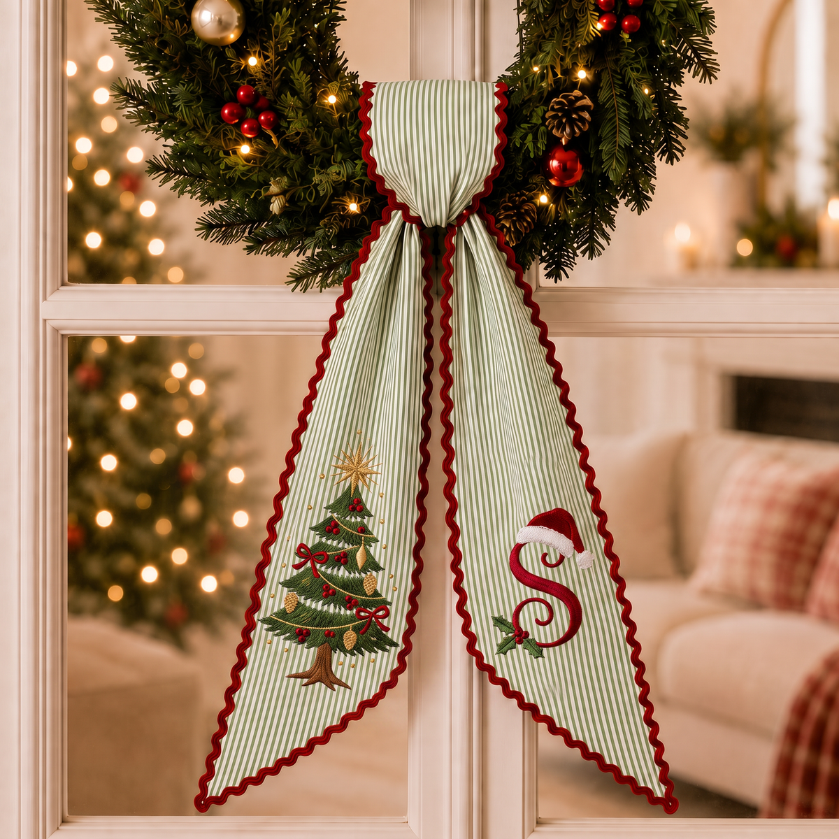 Custom Christmas Tree Wreath Sash | Personalized Embroidered Green Stripe Wreath Bow with Red Scalloped Trim