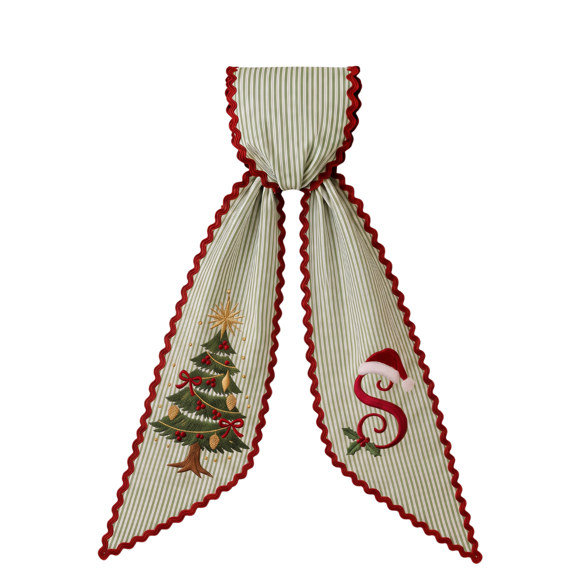 Custom Christmas Tree Wreath Sash | Personalized Embroidered Green Stripe Wreath Bow with Red Scalloped Trim