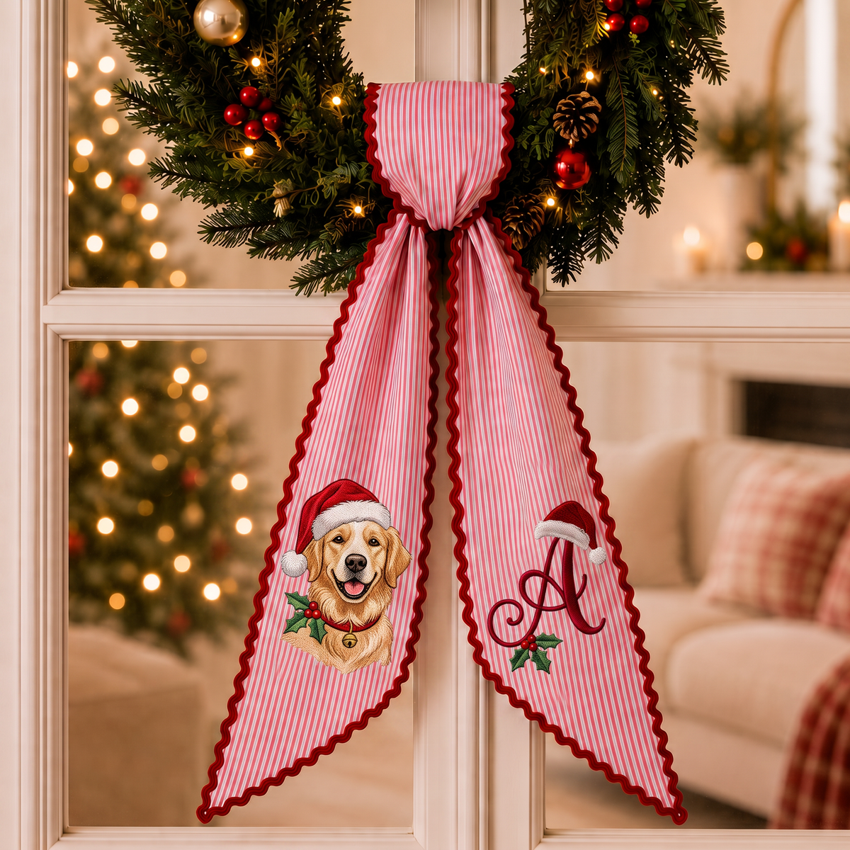 Custom Santa Hat Dog Christmas Wreath Sash | Personalized Embroidered Red Stripe Wreath Bow with Initial