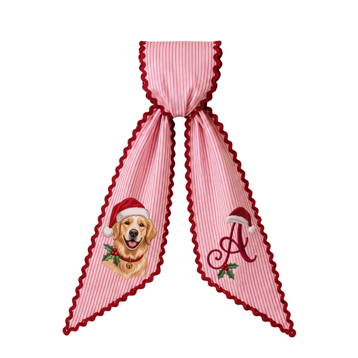 Custom Santa Hat Dog Christmas Wreath Sash | Personalized Embroidered Red Stripe Wreath Bow with Initial