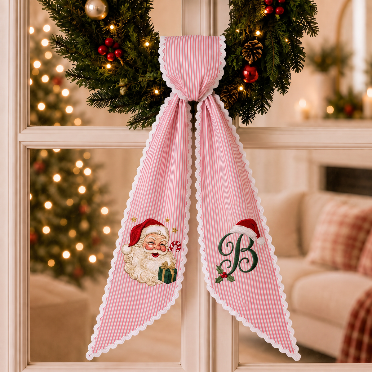 Custom Santa Face Christmas Wreath Sash | Personalized Embroidered Red Stripe Wreath Bow with Initial