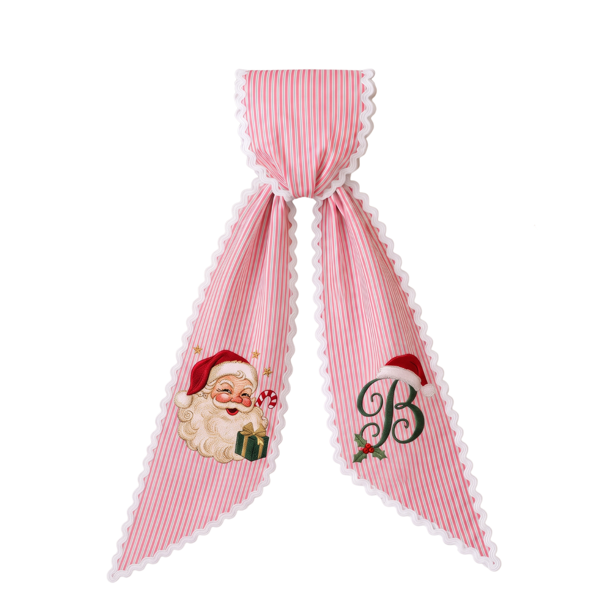 Custom Santa Face Christmas Wreath Sash | Personalized Embroidered Red Stripe Wreath Bow with Initial