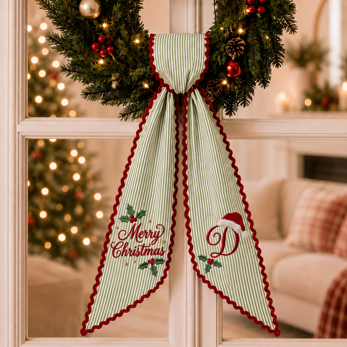 Custom Merry Christmas Wreath Sash | Personalized Embroidered Green Stripe Wreath Bow with Initial