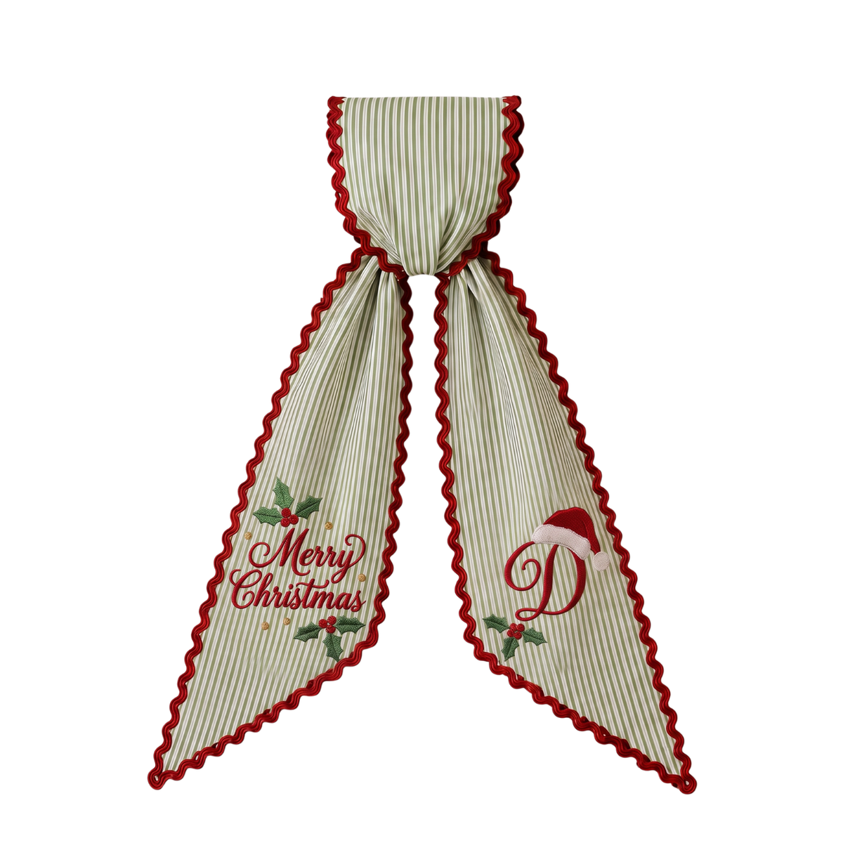 Custom Merry Christmas Wreath Sash | Personalized Embroidered Green Stripe Wreath Bow with Initial