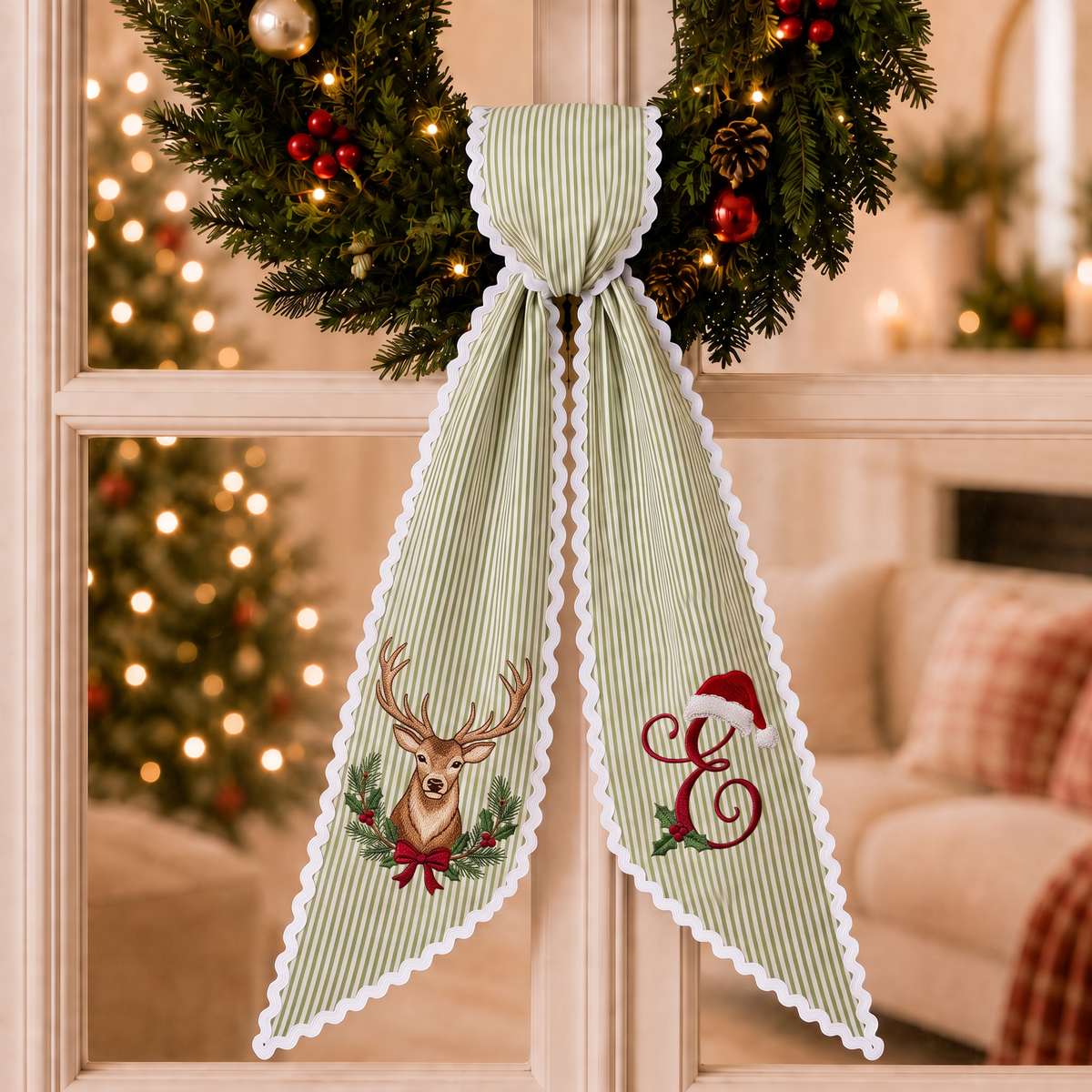 Custom Deer Head Christmas Wreath Sash | Personalized Embroidered Green Stripe Wreath Bow with Initial
