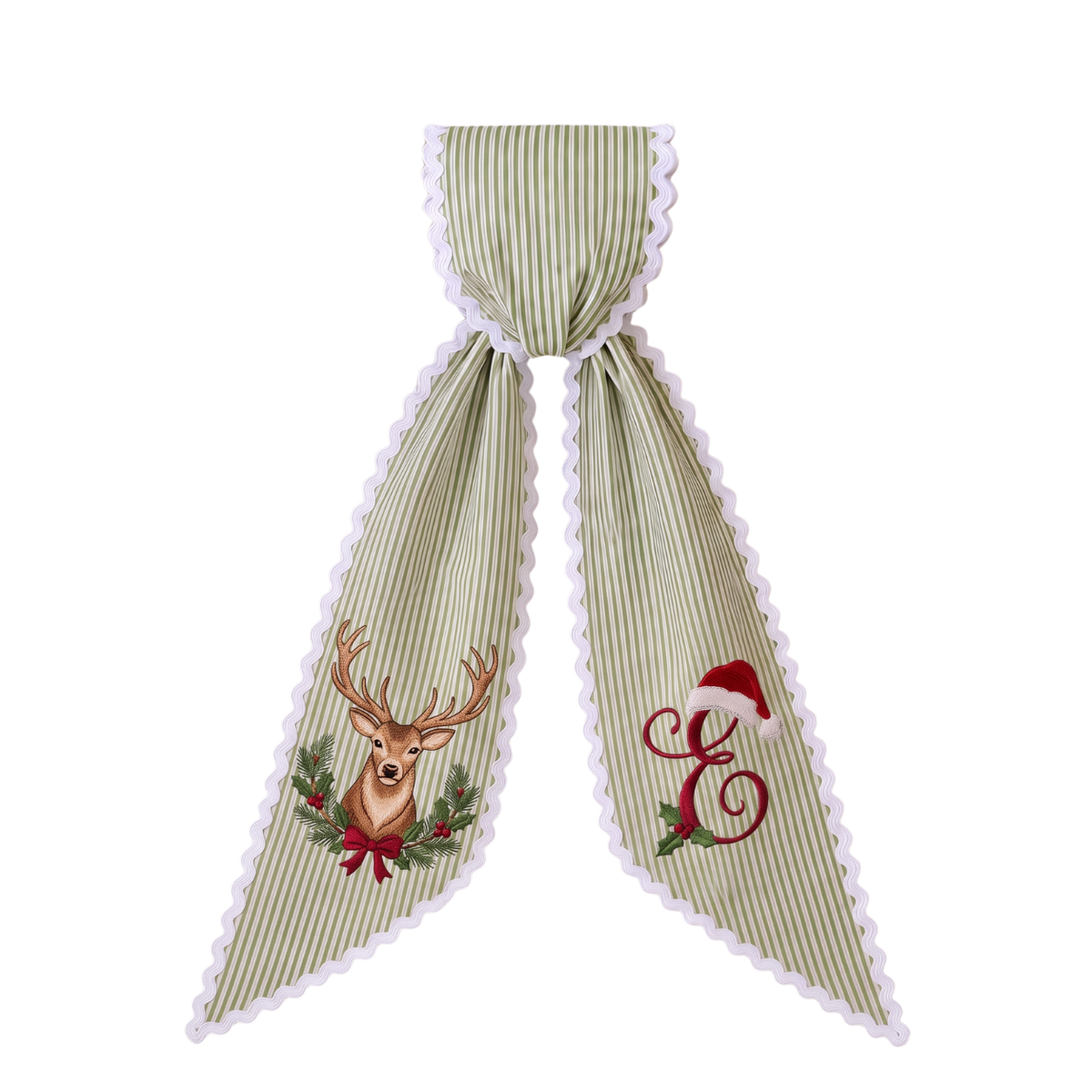 Custom Deer Head Christmas Wreath Sash | Personalized Embroidered Green Stripe Wreath Bow with Initial