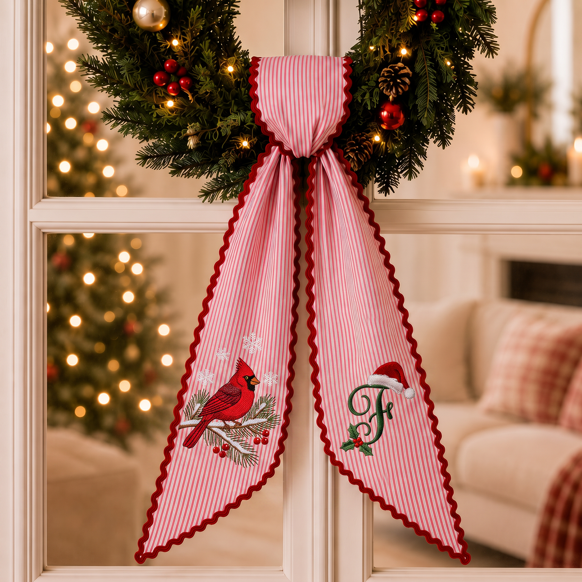 Custom Cardinal Christmas Wreath Sash | Personalized Embroidered Red Stripe Wreath Bow with Initial