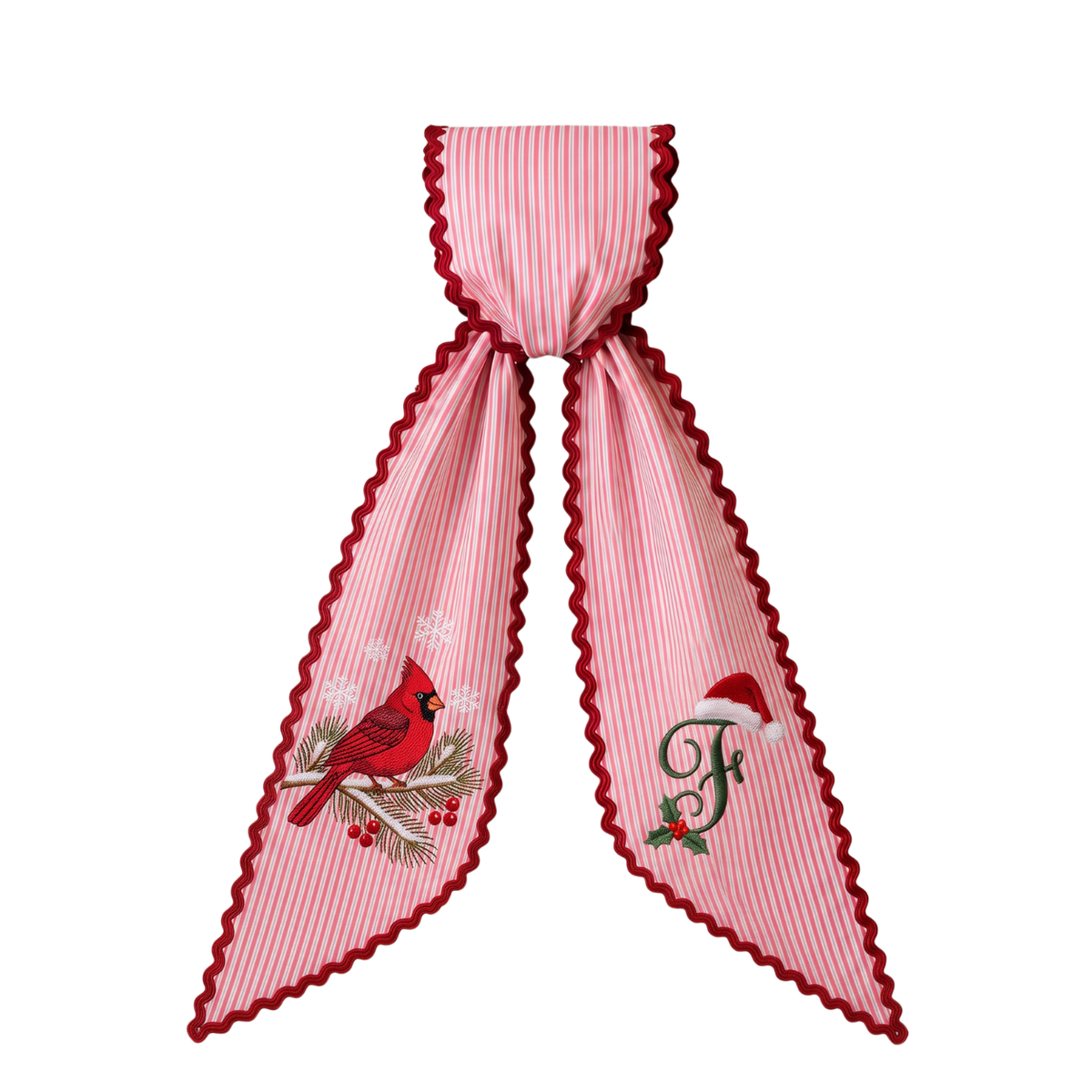Custom Cardinal Christmas Wreath Sash | Personalized Embroidered Red Stripe Wreath Bow with Initial