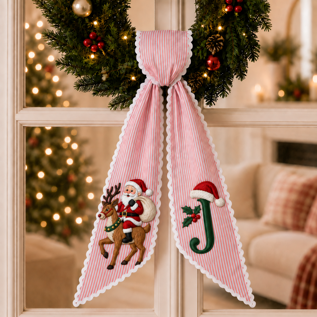 Custom Santa Riding Reindeer Christmas Wreath Sash | Personalized Embroidered Red Stripe Wreath Bow with Initial