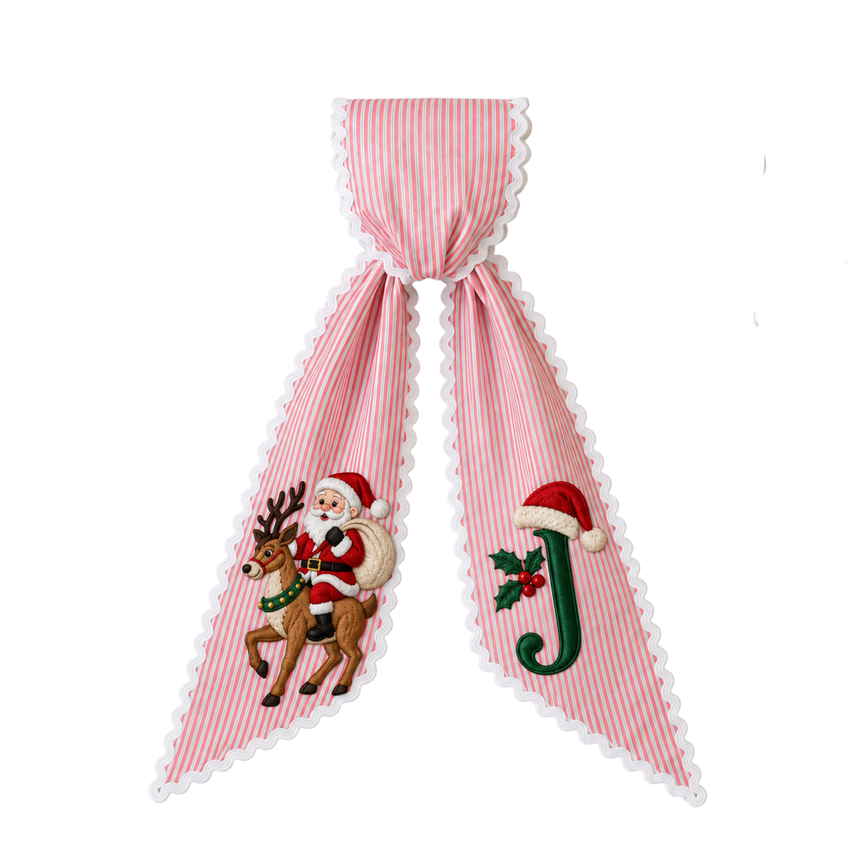 Custom Santa Riding Reindeer Christmas Wreath Sash | Personalized Embroidered Red Stripe Wreath Bow with Initial