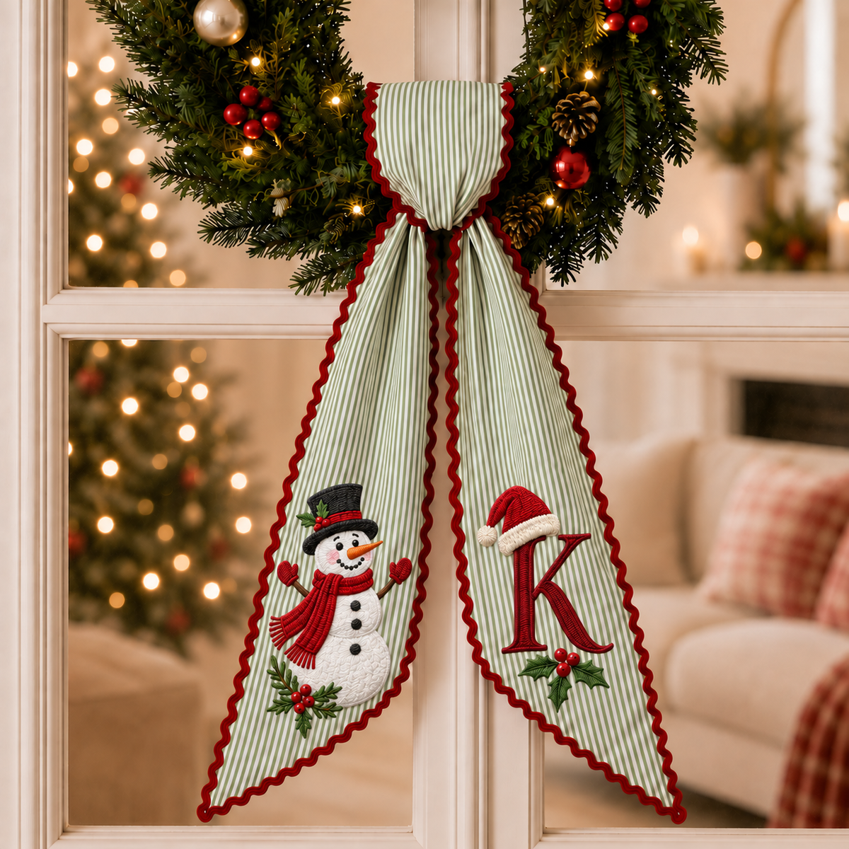 Custom Snowman Christmas Wreath Sash | Personalized Embroidered Green Stripe Wreath Bow with Initial