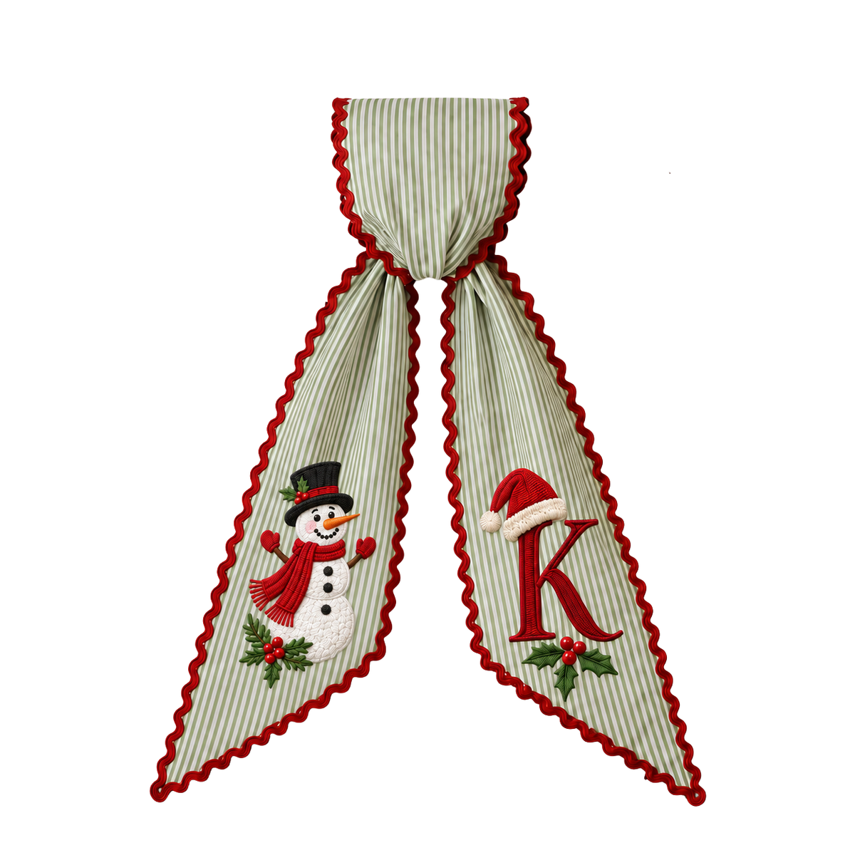 Custom Snowman Christmas Wreath Sash | Personalized Embroidered Green Stripe Wreath Bow with Initial