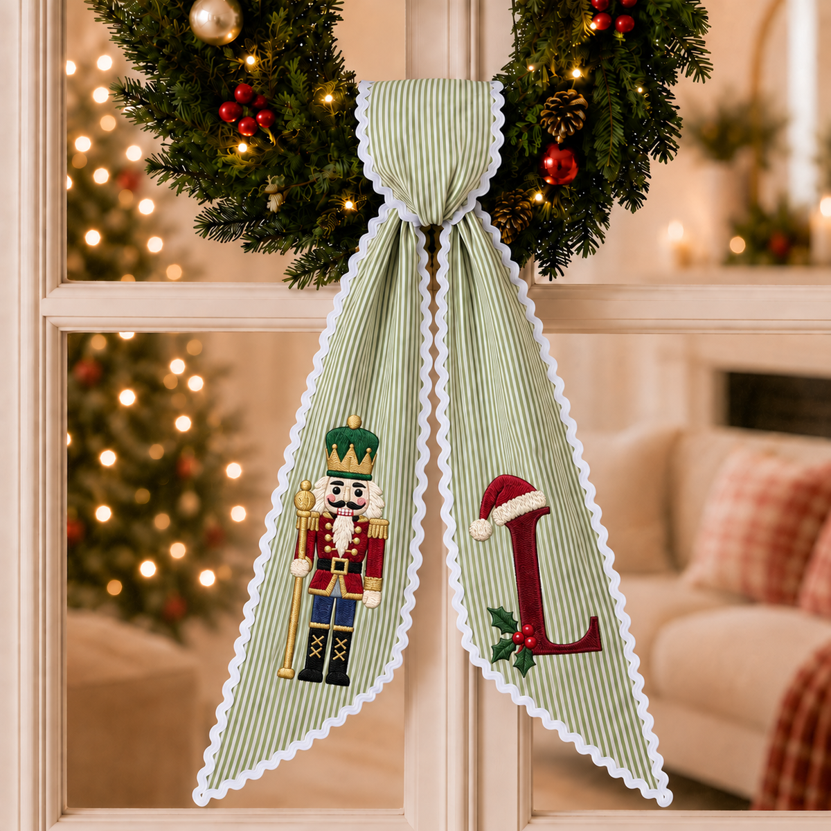Custom Nutcracker Christmas Wreath Sash | Personalized Embroidered Green Stripe Wreath Bow with Initial