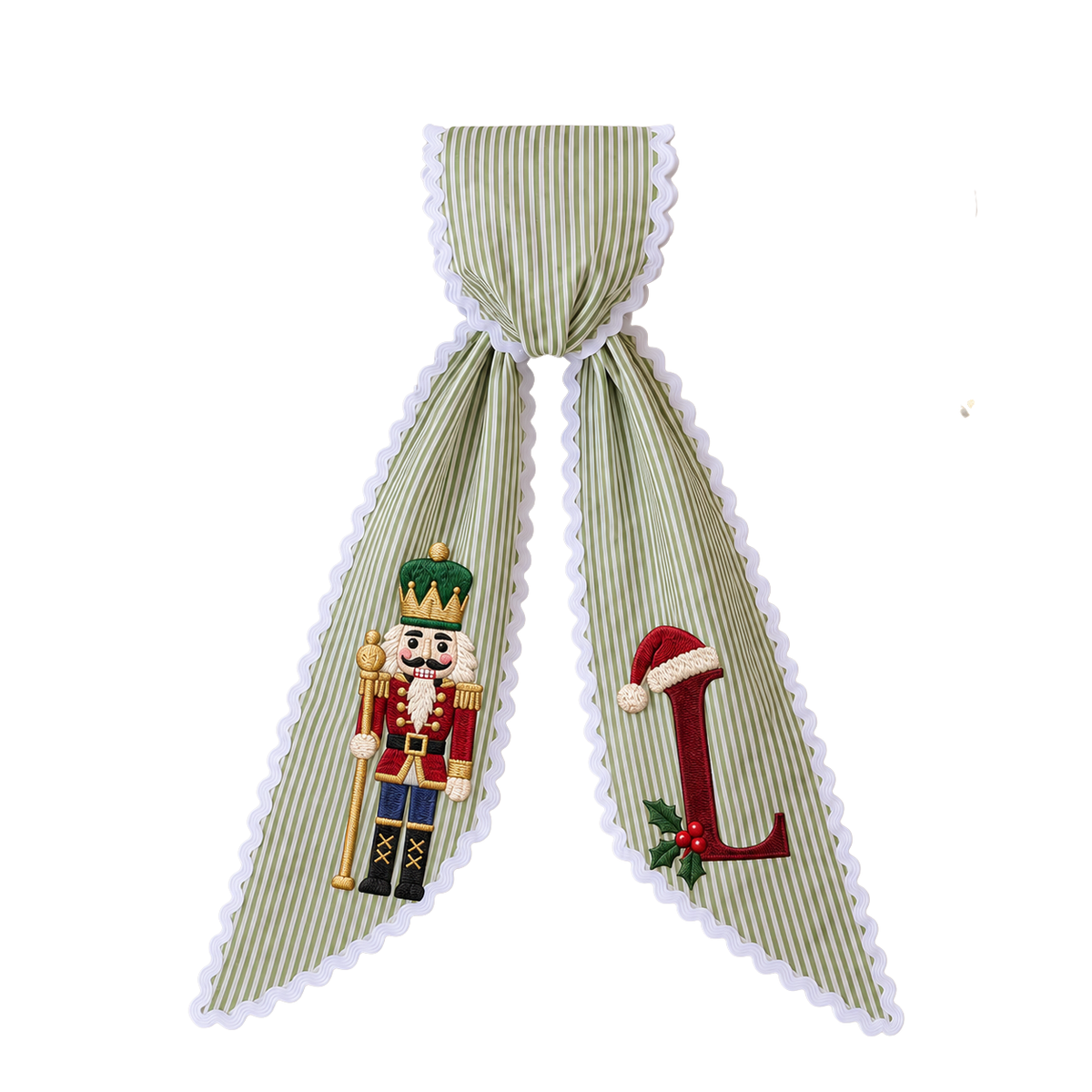 Custom Nutcracker Christmas Wreath Sash | Personalized Embroidered Green Stripe Wreath Bow with Initial