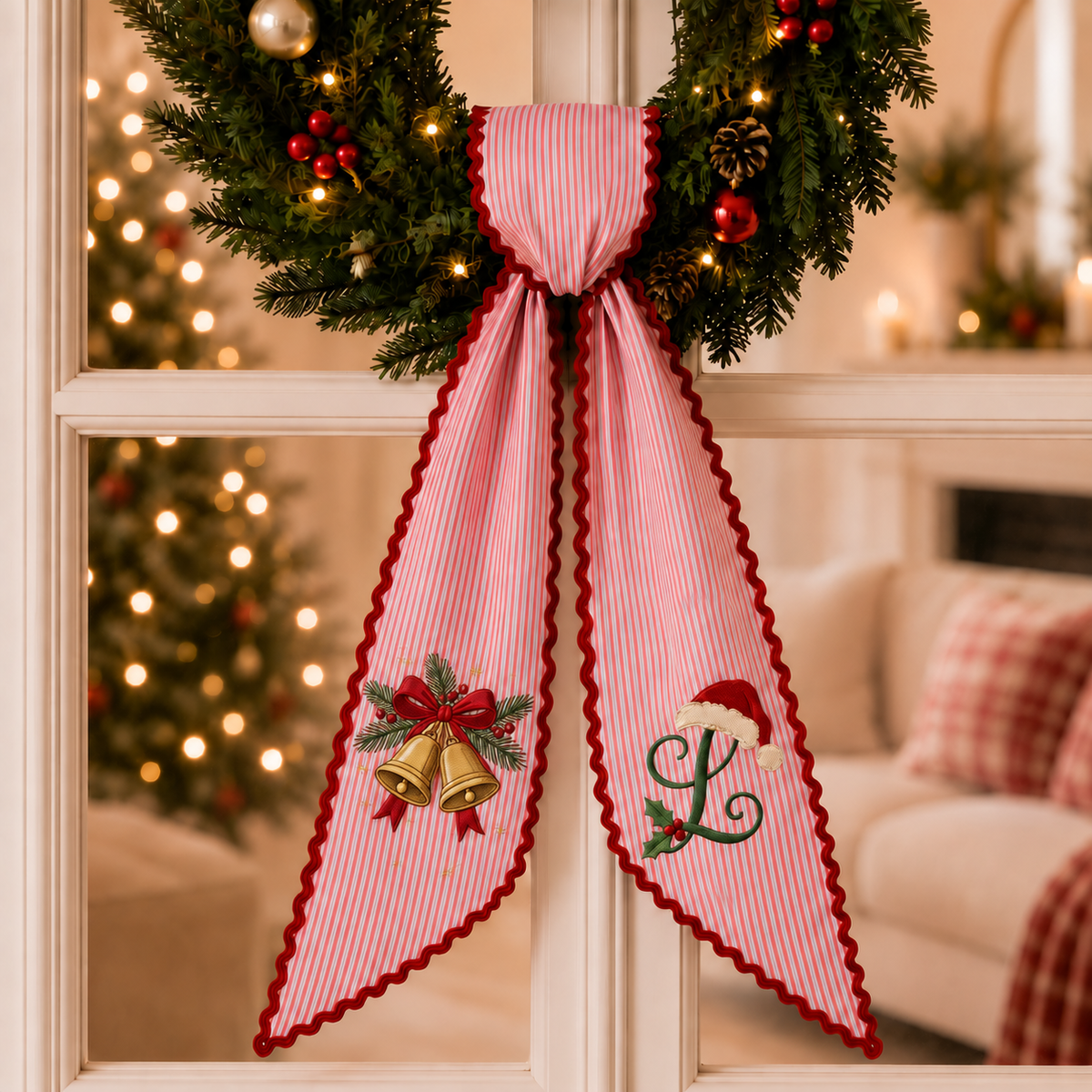 Custom Christmas Bells Wreath Sash | Personalized Embroidered Red Stripe Wreath Bow with Initial