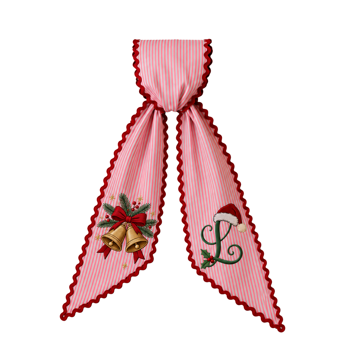 Custom Christmas Bells Wreath Sash | Personalized Embroidered Red Stripe Wreath Bow with Initial