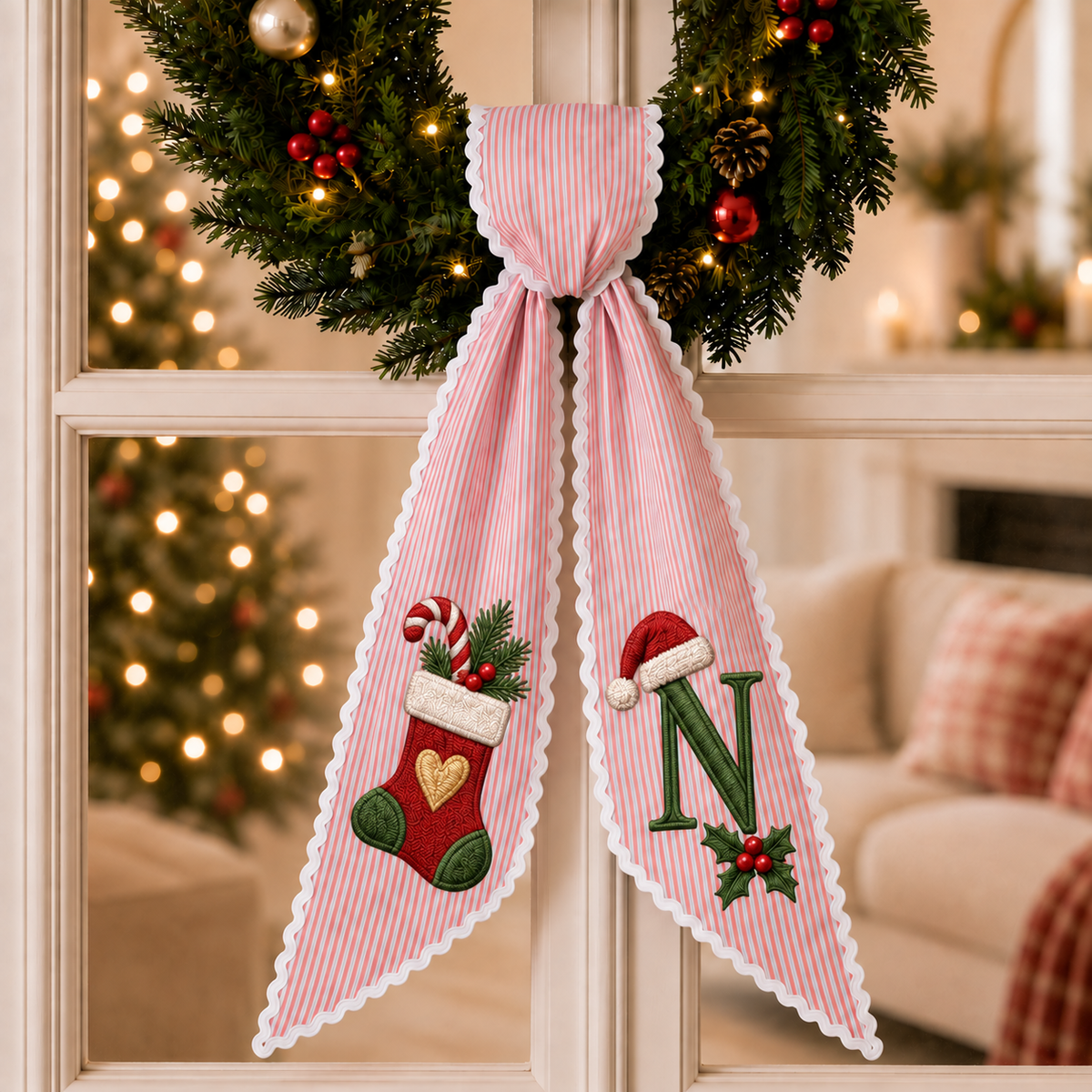 Custom Christmas Stocking Design Wreath Sash | Personalized Embroidered Red Stripe Wreath Bow with Initial