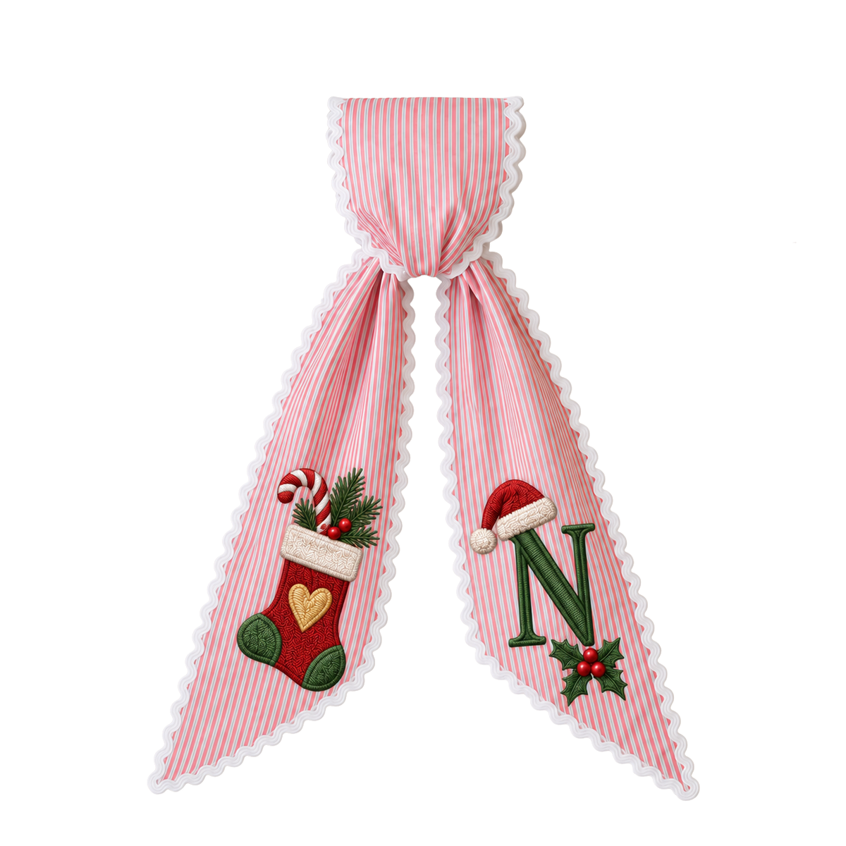 Custom Christmas Stocking Design Wreath Sash | Personalized Embroidered Red Stripe Wreath Bow with Initial